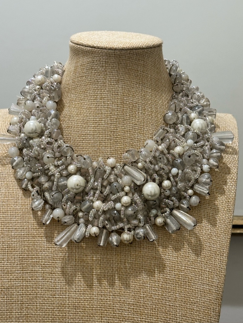 Vintage Bib Statement Pearl and Crystal Cluster Necklace in Silver-Gray-Ivory